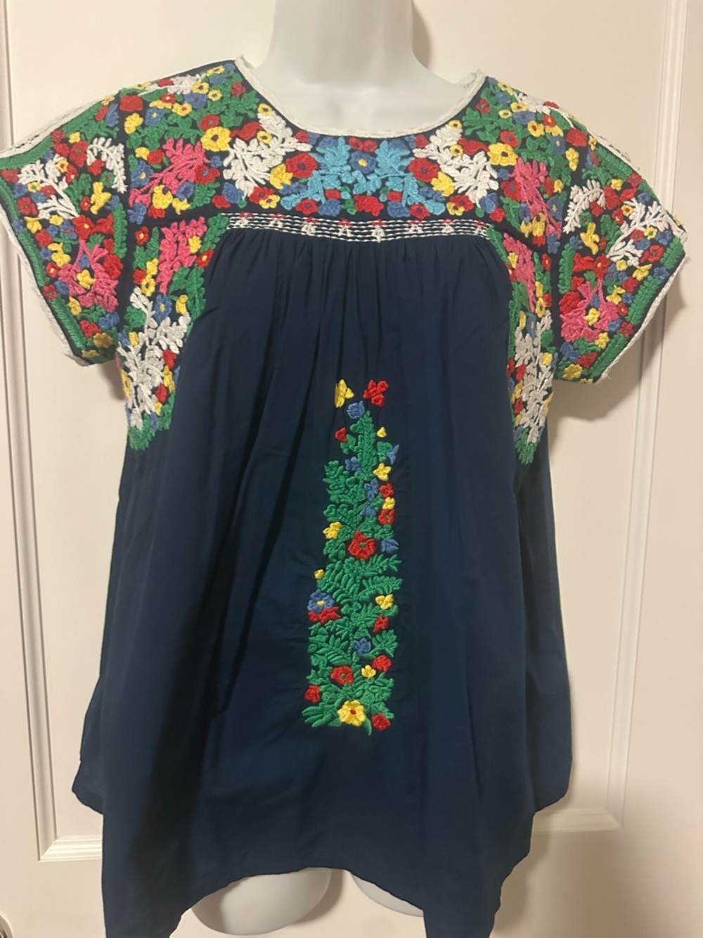Frances Valentine Navy Floral Embroidered Peasant Blouse
